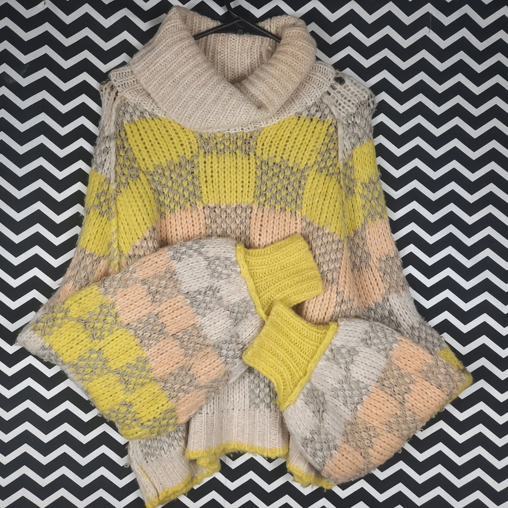 Free People Checkered Chunky Knit Turtleneck Sweater Yellow Peach Cream Medium
